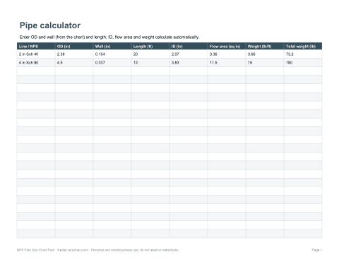 Preview of the first page of Pipe calculator (XLSX)