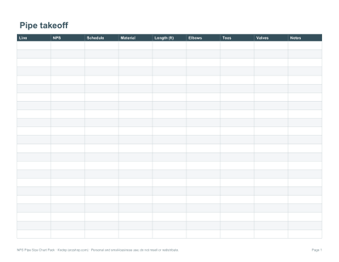 Preview of the first page of Takeoff sheet (XLSX)