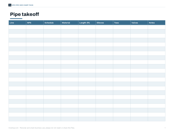 Preview of Printable NPS Pipe Takeoff Sheet